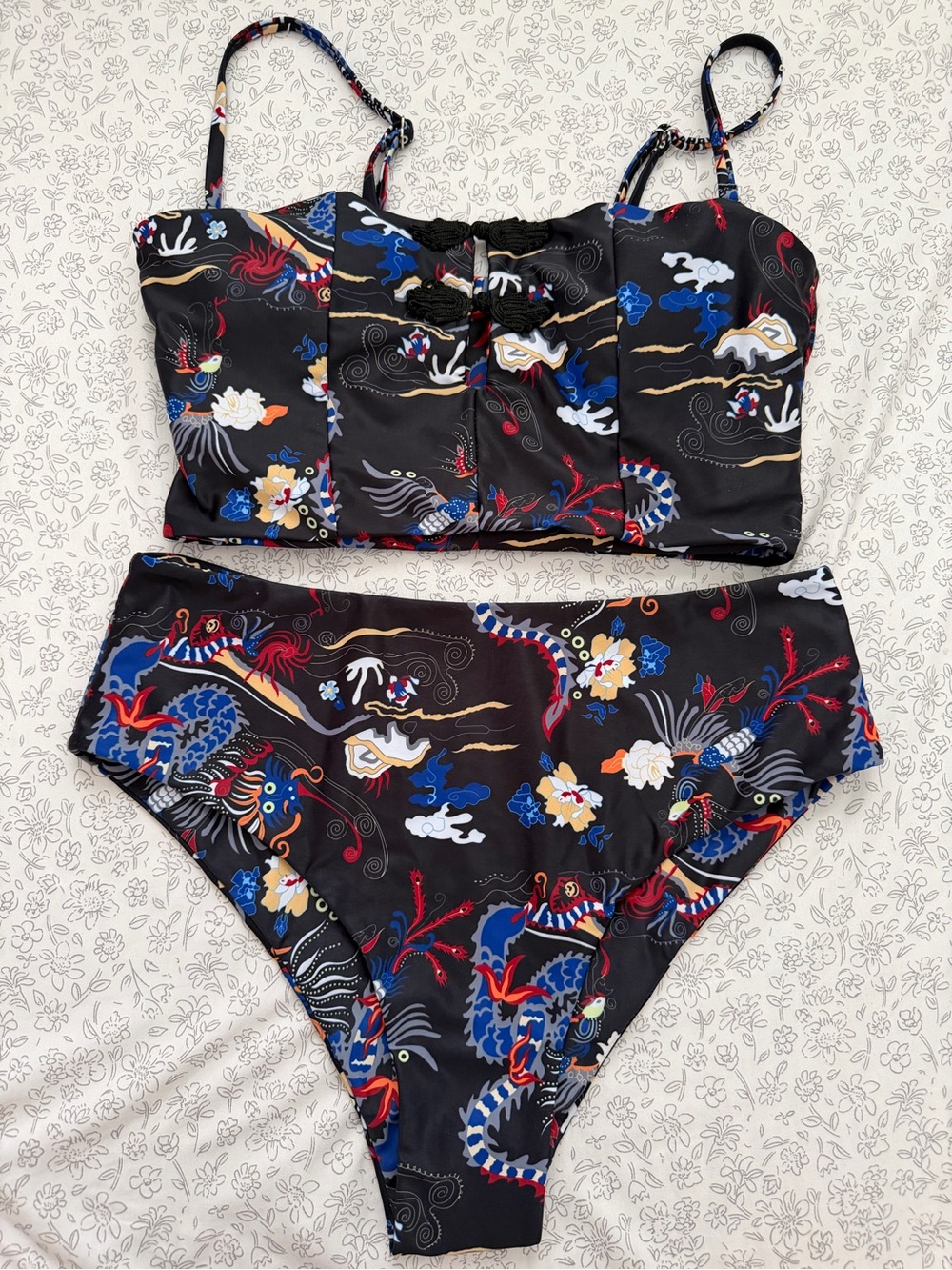 Black Floral & Dragon Print Two-Piece Swim Set